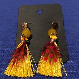 Yellow Tassel and Red Spotted Feather Earrings